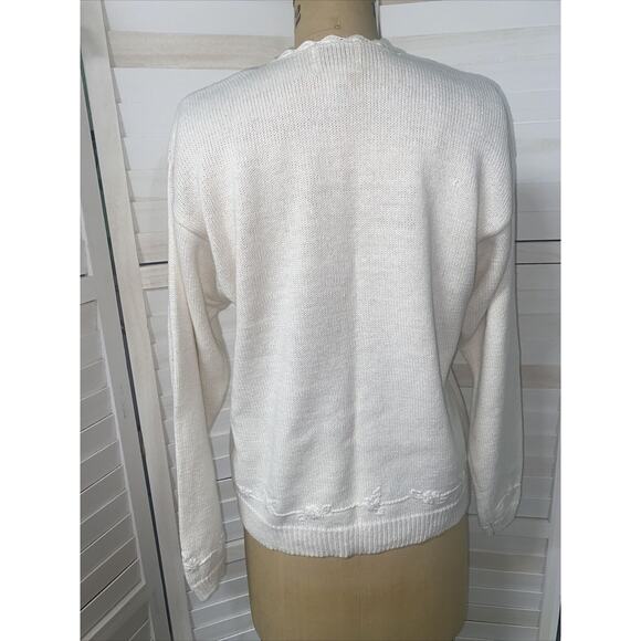 VTG 90s SML Sport Women's White Knit Cardigan Sweater Floral Needle Work Size L - Picture 4 of 6